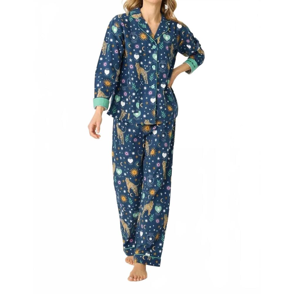 NEW PJ SALVAGE tiger star print 3 piece matching flannel set in navy